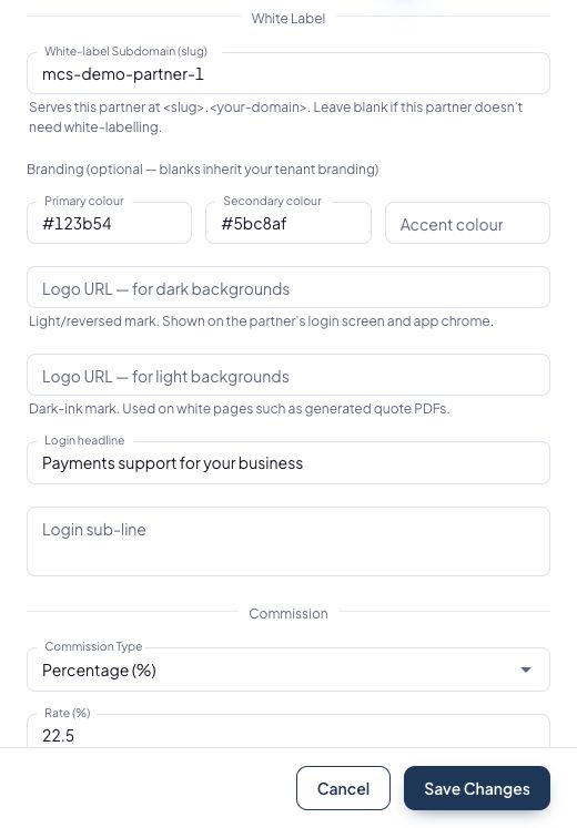 Partner configuration for subdomain, brand colours and commercial arrangements